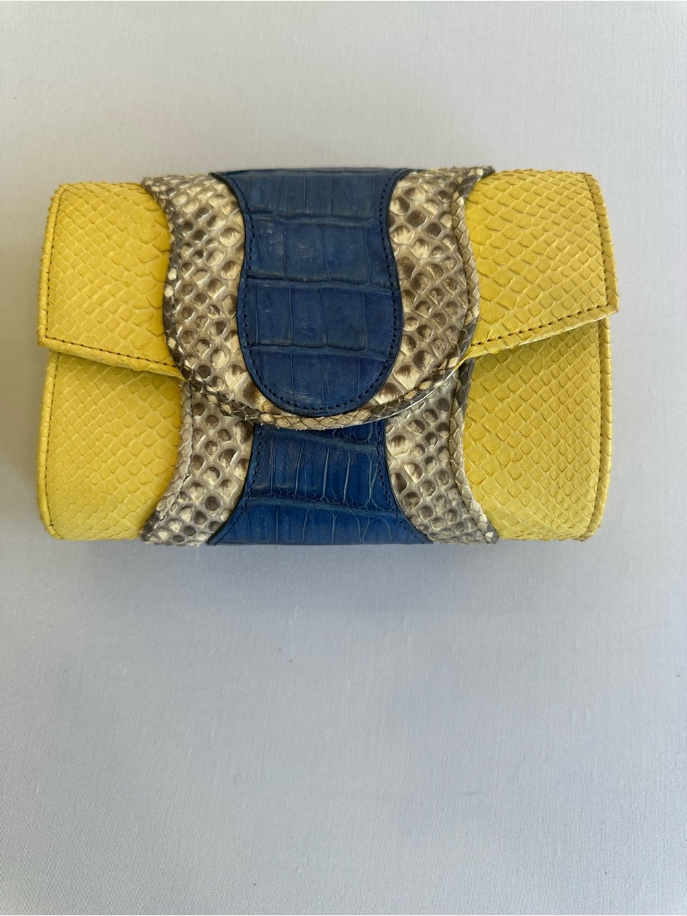Khirma Eliazov Yellow & Blue Python, Crocodile  Clutch w/detachable metal strap
